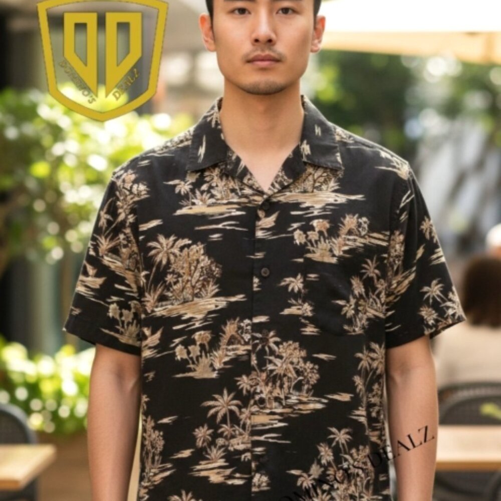 Pau Hana Hawai'i Men's Short Sleeve Shirt Size L –‎ Black Island Print, Retired